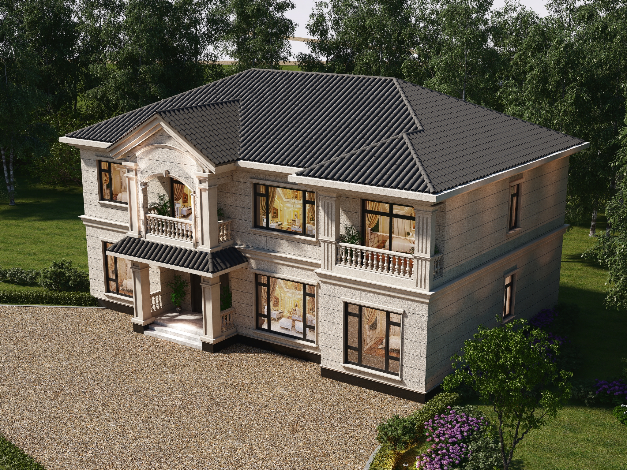 这套复古风格的欧式建筑,外观看着就极具特色,南面也设计许多阳台空间