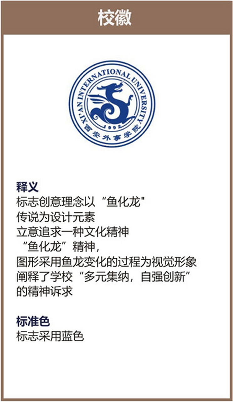 西安外事学院校徽:标志创意理念以"鱼化龙"传说为设计元素,立意追求"