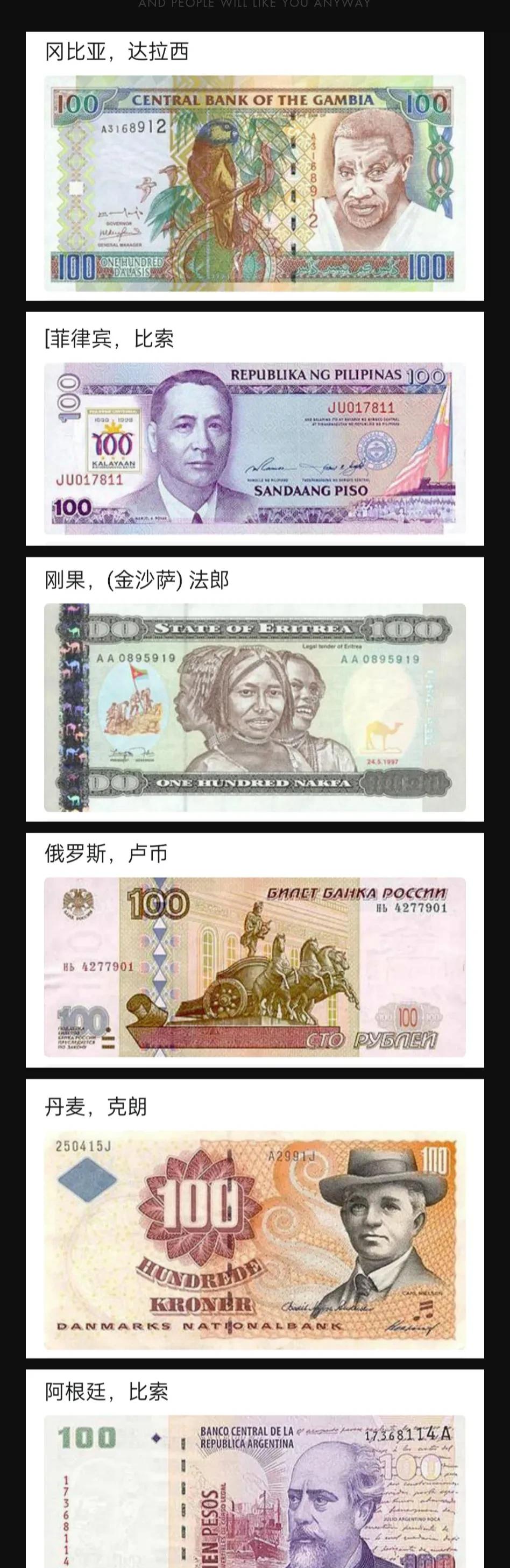 世界各国100元纸币图片