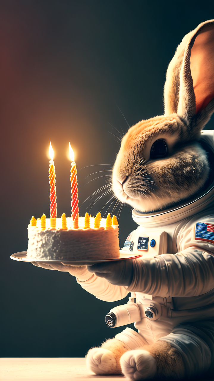 在无尽的宇宙中,有一组宇航员兔子,他们身着太空服,手握着生日蛋糕,正