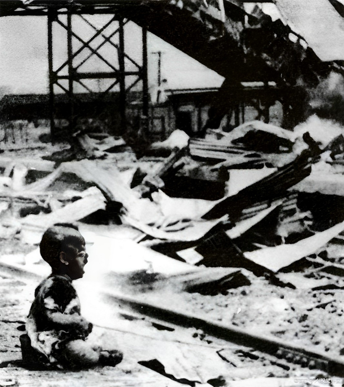 1943年,在一次日本空袭中,八路军·战士·宋岭春仰面躺在草地上.