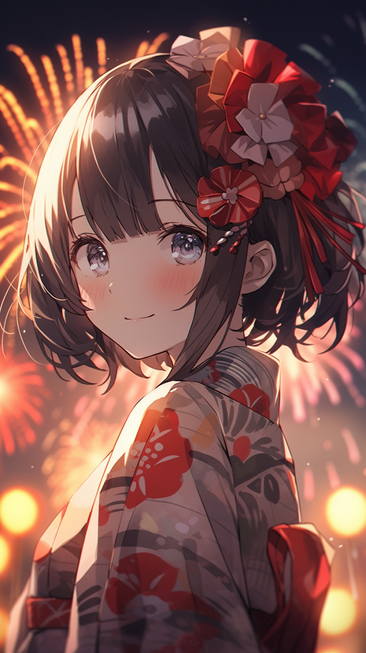 夏日祭典, 少女, 和服, 烟花 #mj# #ai绘画# #壁纸# #动漫壁纸# #手机