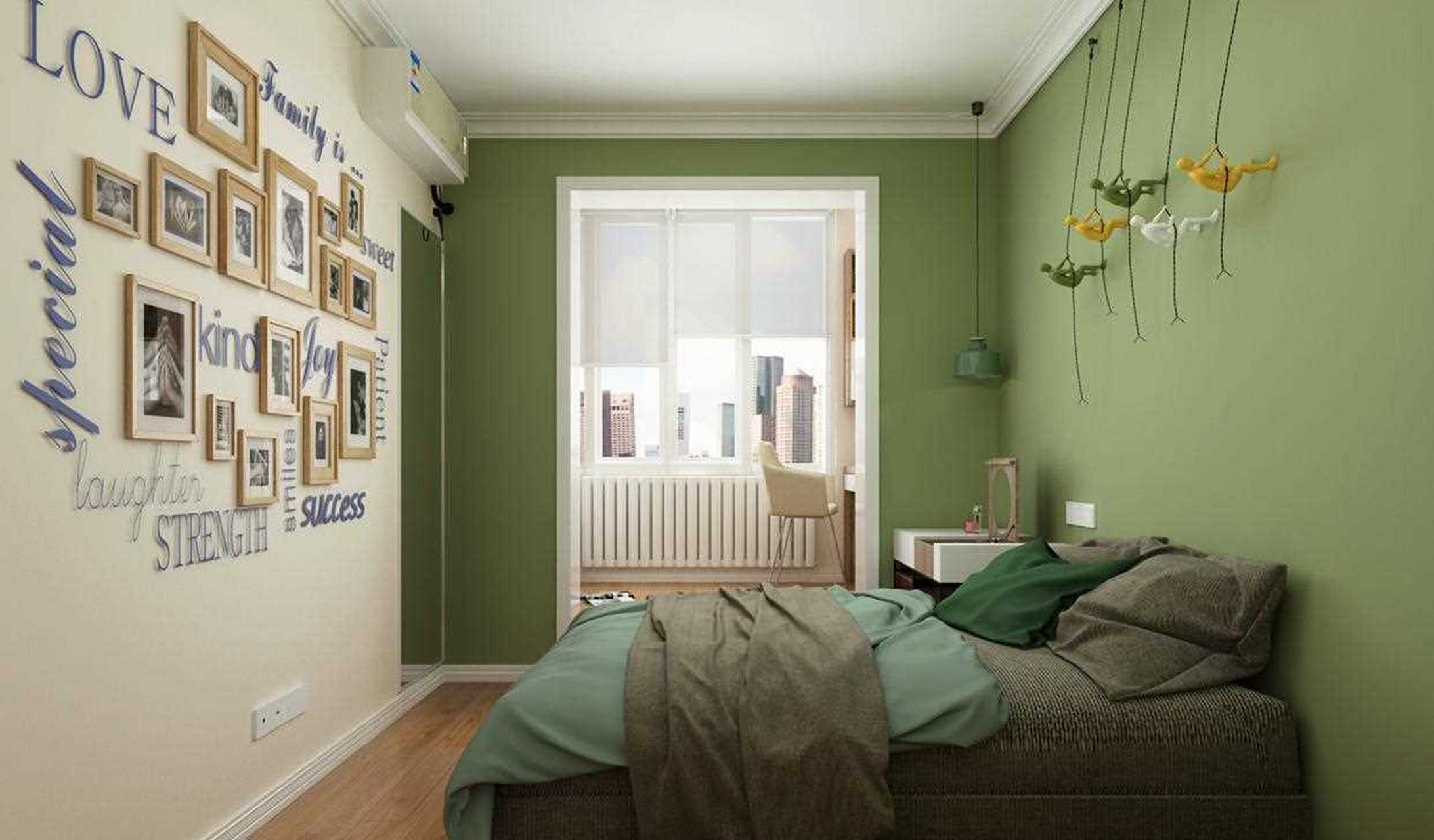 卧室设计摒弃传统的床头背景墙设计,浅绿色背景墙搭配灰色床配色,加入