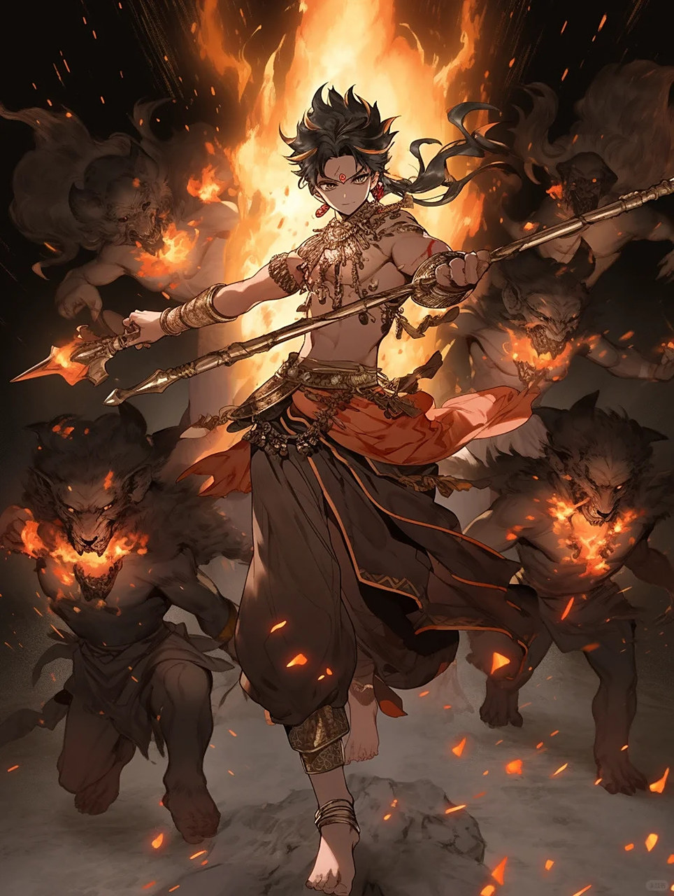 哪吒 以火焰重塑身躯 浴火重生 手拿红缨枪 脚踩风火轮 让火焰焚尽