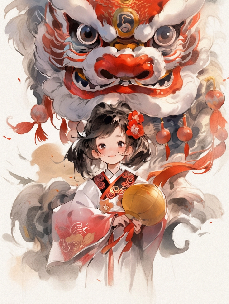 女孩与醒狮系列  继续尝试可爱的中国风插画的输出