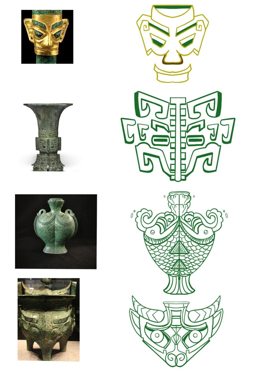 根据不同的青铜器花纹,提取它的细节将它放大进行创作.