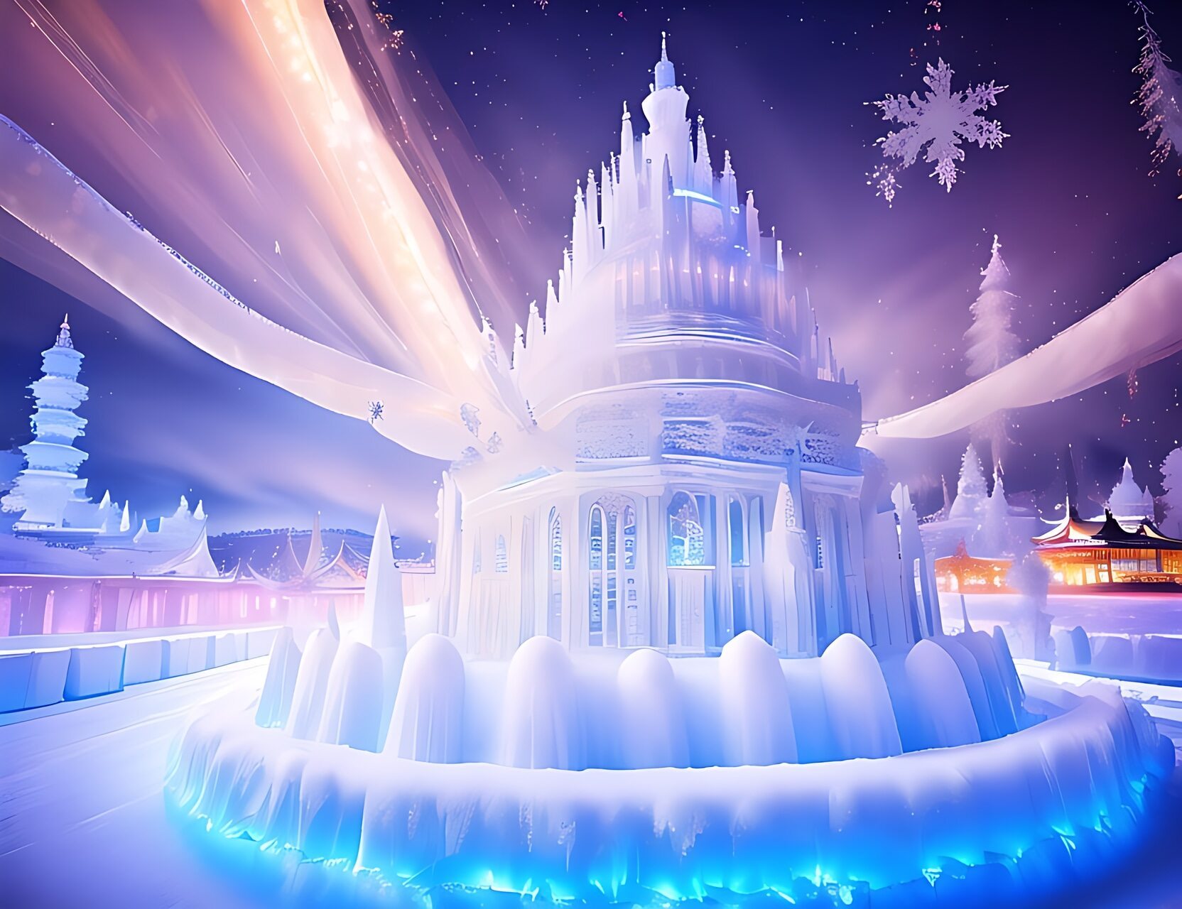 ai助手创作季# 哈尔滨冰雪大世界,美丽的冰雕,闪着灯光,夜景,下着