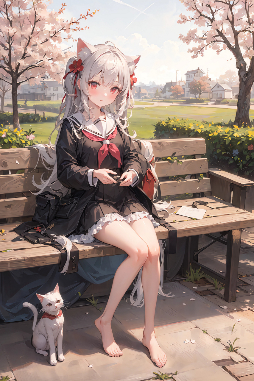 樱花下的白毛猫耳娘[期待][期待]  #二次元