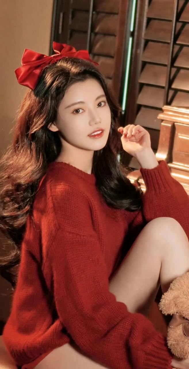 孙珍妮,红色毛衣,新年气氛美照