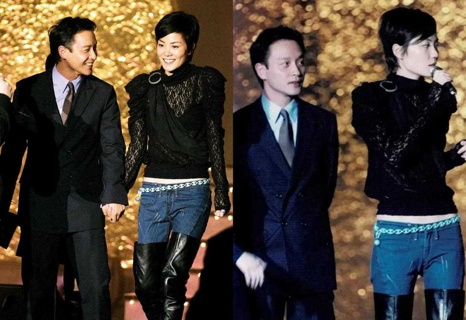 王菲与张国荣的一组珍贵合照,两人同以黑蓝色造型出镜,男帅女美,个性