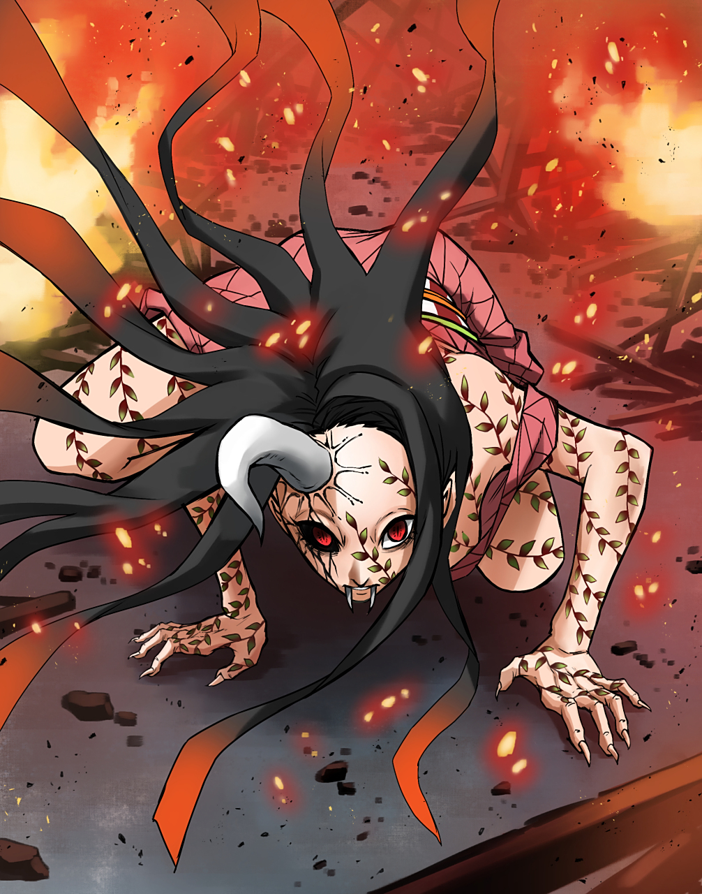 鬼灭之刃祢豆子#   豆子鬼化第二形态,看着好凶[没眼看]