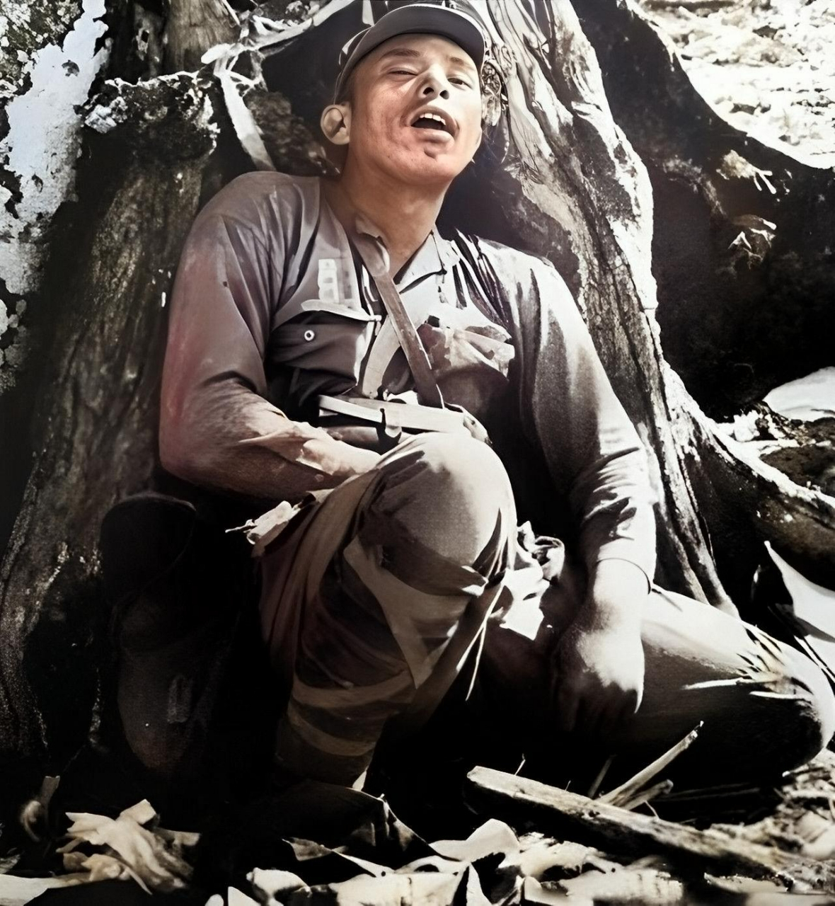 1944年,一名日本士兵在塞班岛的血战后在树林中被枪杀.