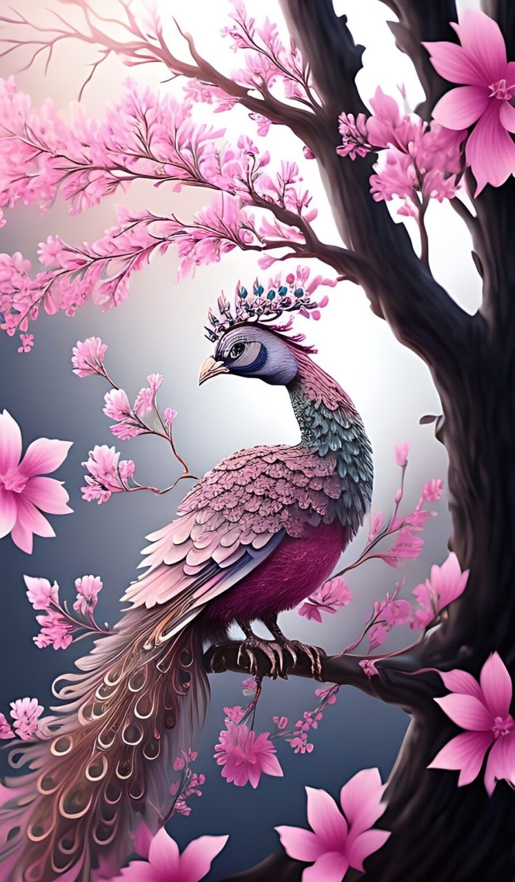 树枝上,孔雀画翩翩, 粉色与海蓝宝石争艳.