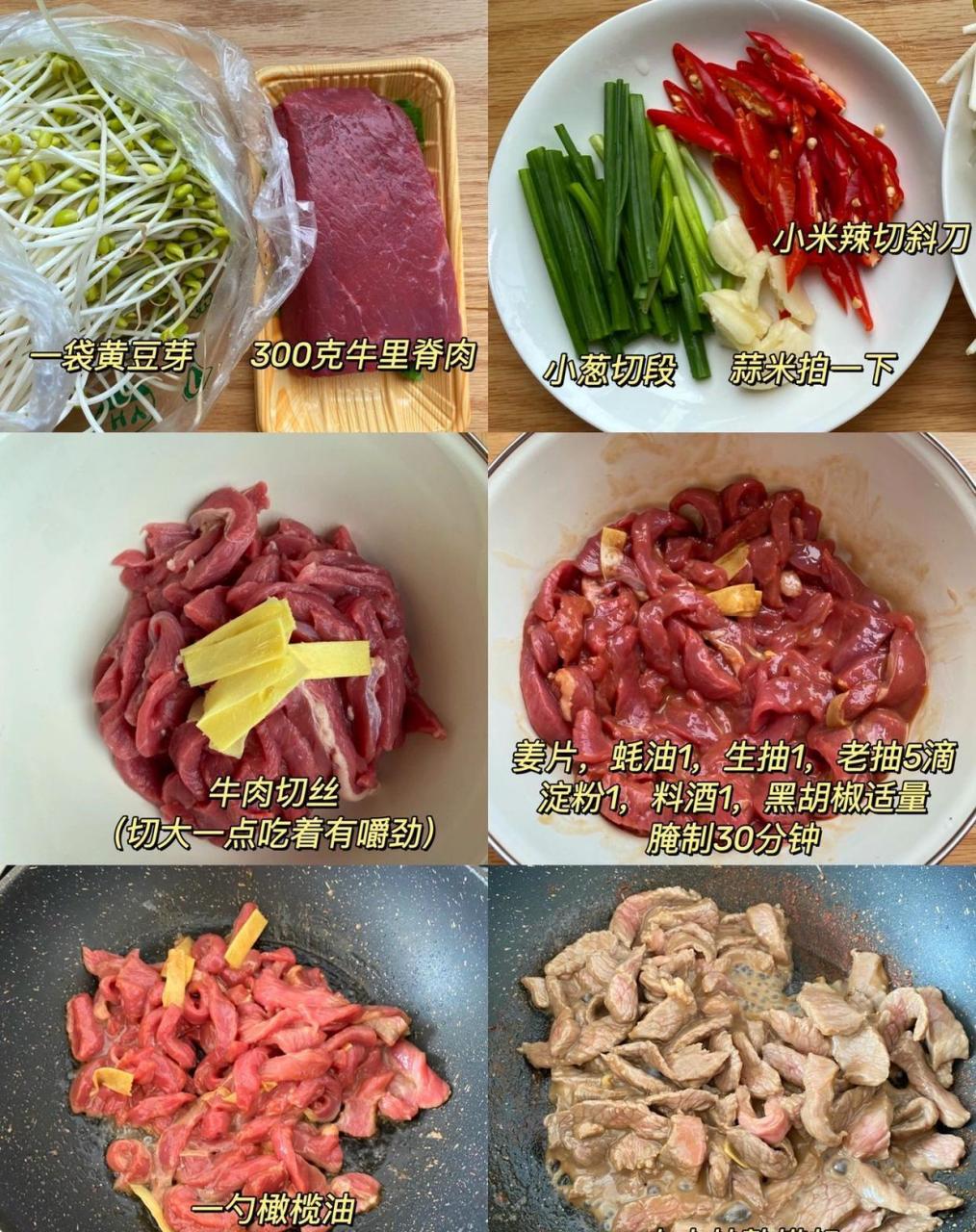 食材:黃豆芽牛裡脊肉小米辣 ?步驟 1?牛肉切條,圖4醃製30分鐘. 2?