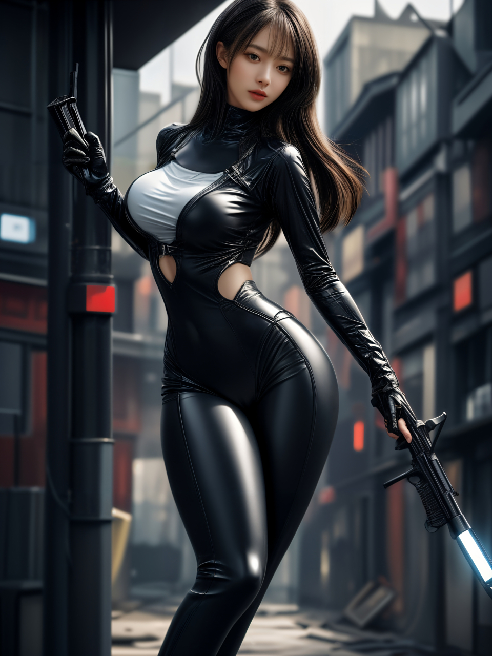 ai美女图片#每日ai美女秀	赛博朋克小姐姐披着一件黑色的夜行者杜篷