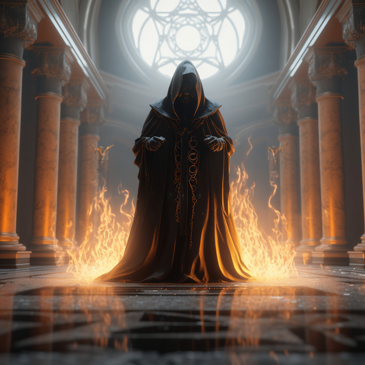 暗黑风绘画,黑衣大祭司!孤独的走在华丽的宫殿!#ai绘画