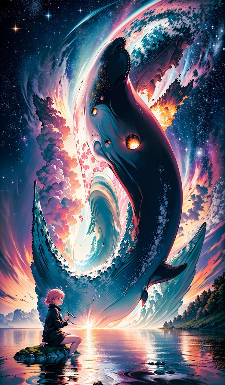 ai绘画,鲸鱼与小女孩的对撞,这才是艺术.