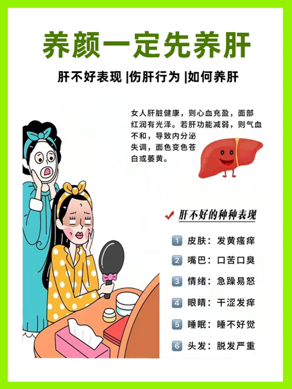 肝不好的表现,伤肝行为 肝不好的表现大都有以下几样 1,面色发黄暗沉