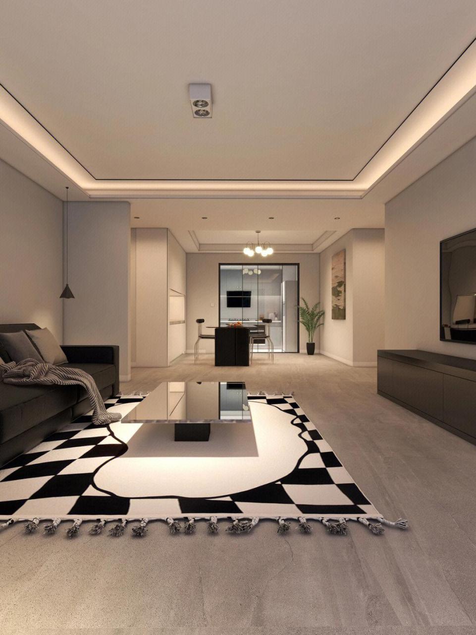 现代极简风客厅的灯光设计分享 客厅天花做了简单的回字形吊顶 优点