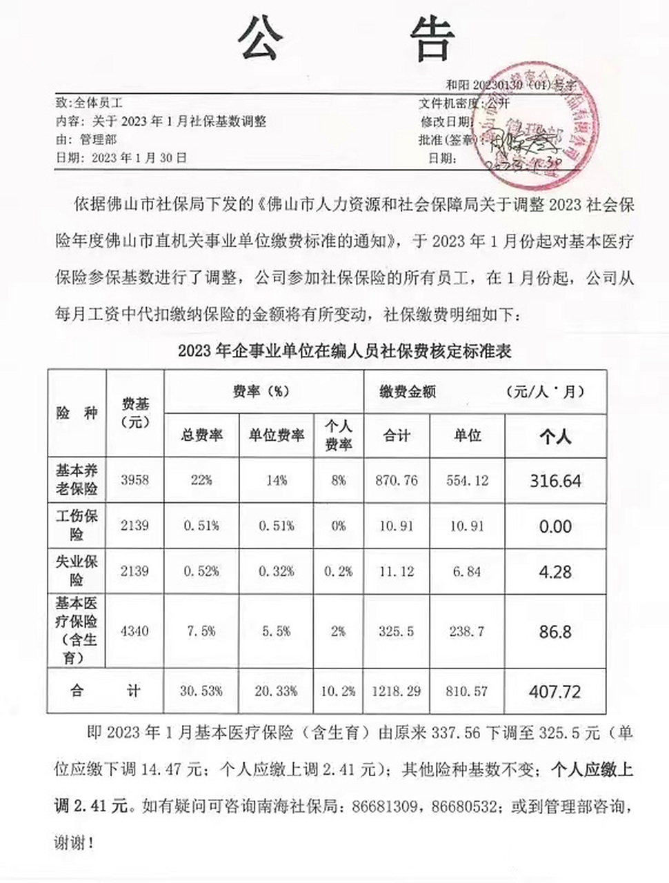 今日,佛山市社保局发布《关于调整2023年度社保基数》公告