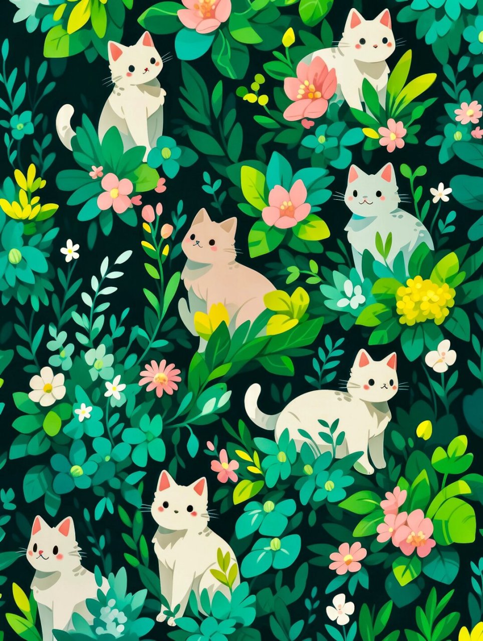插画壁纸花丛中的猫  在这张插画壁纸中,我们可以看到一只可爱的猫咪