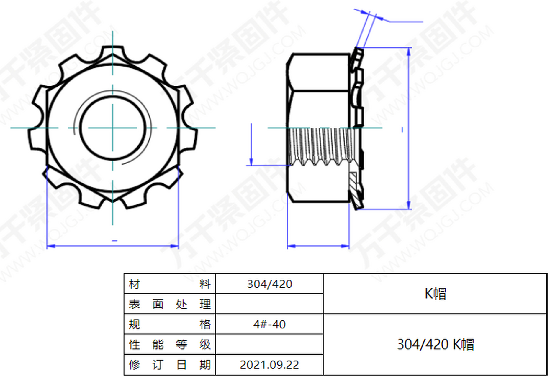 今日紧固件设计图分享:能够锁紧防松的k帽螺母,304或420材质,4#