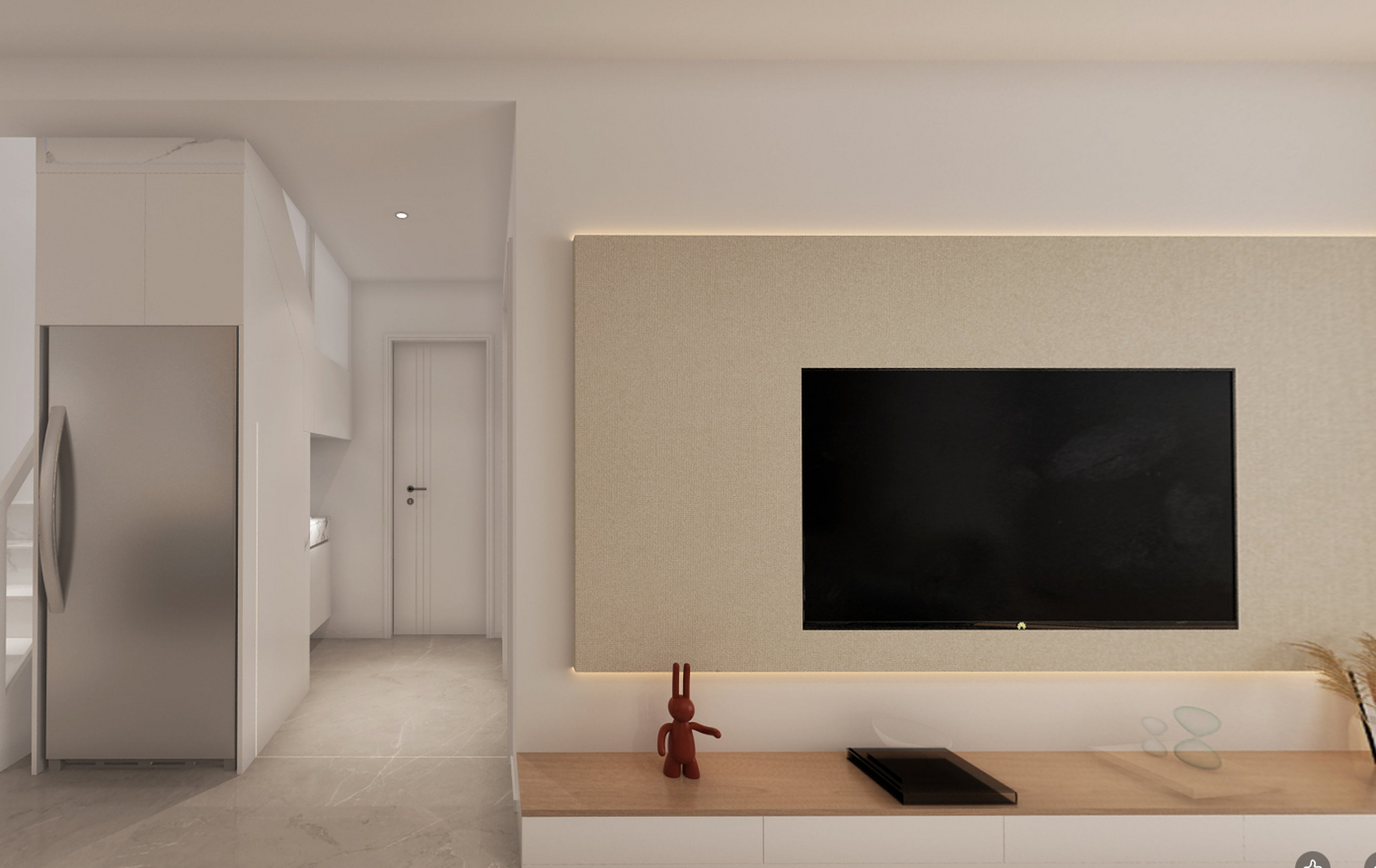 电视背景墙由石膏板搭建而成的一字造型上下发着微弱的灯光,营造一种