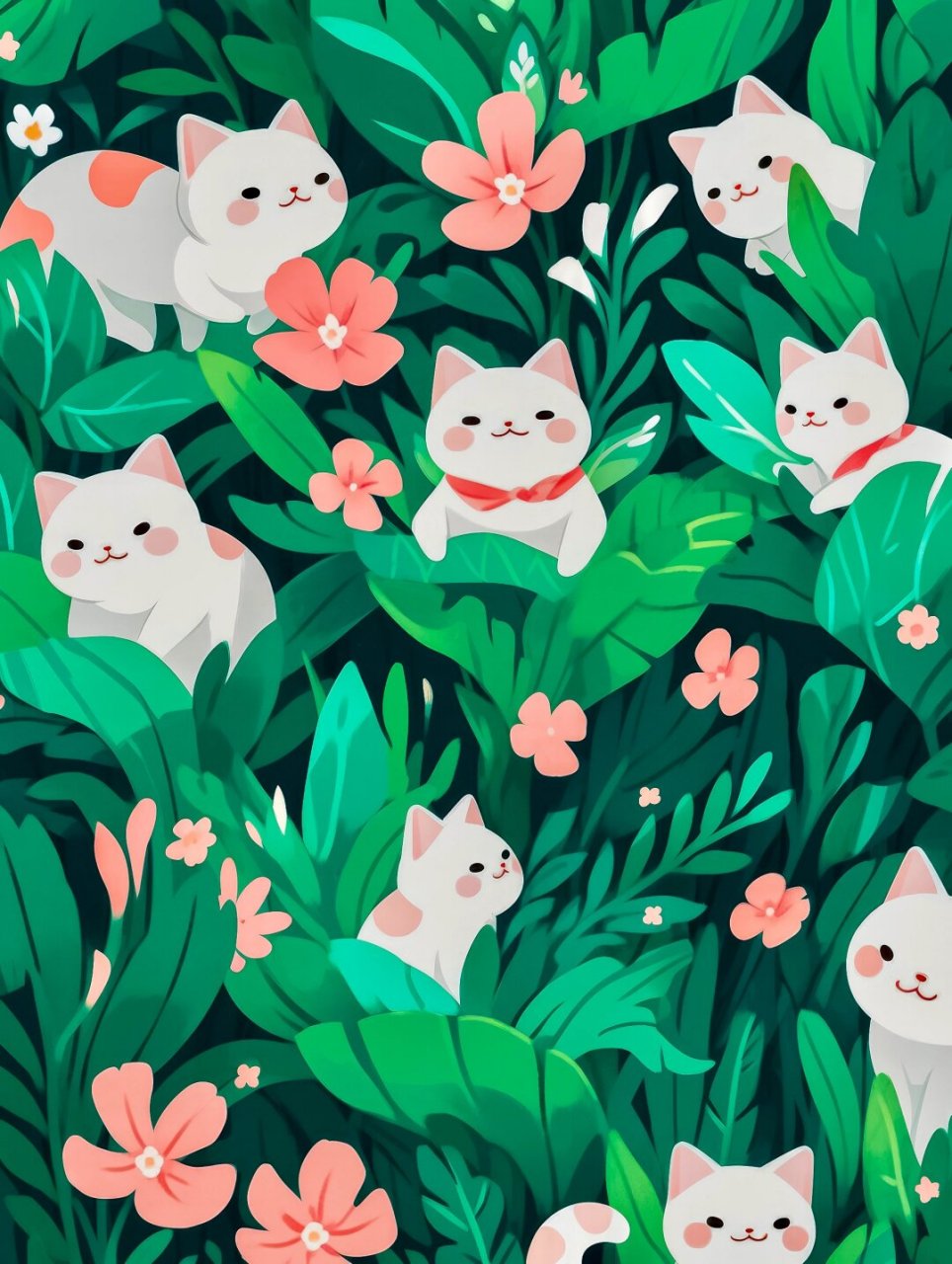 插画壁纸花丛中的猫  在这张插画壁纸中,我们可以看到一只可爱的猫咪