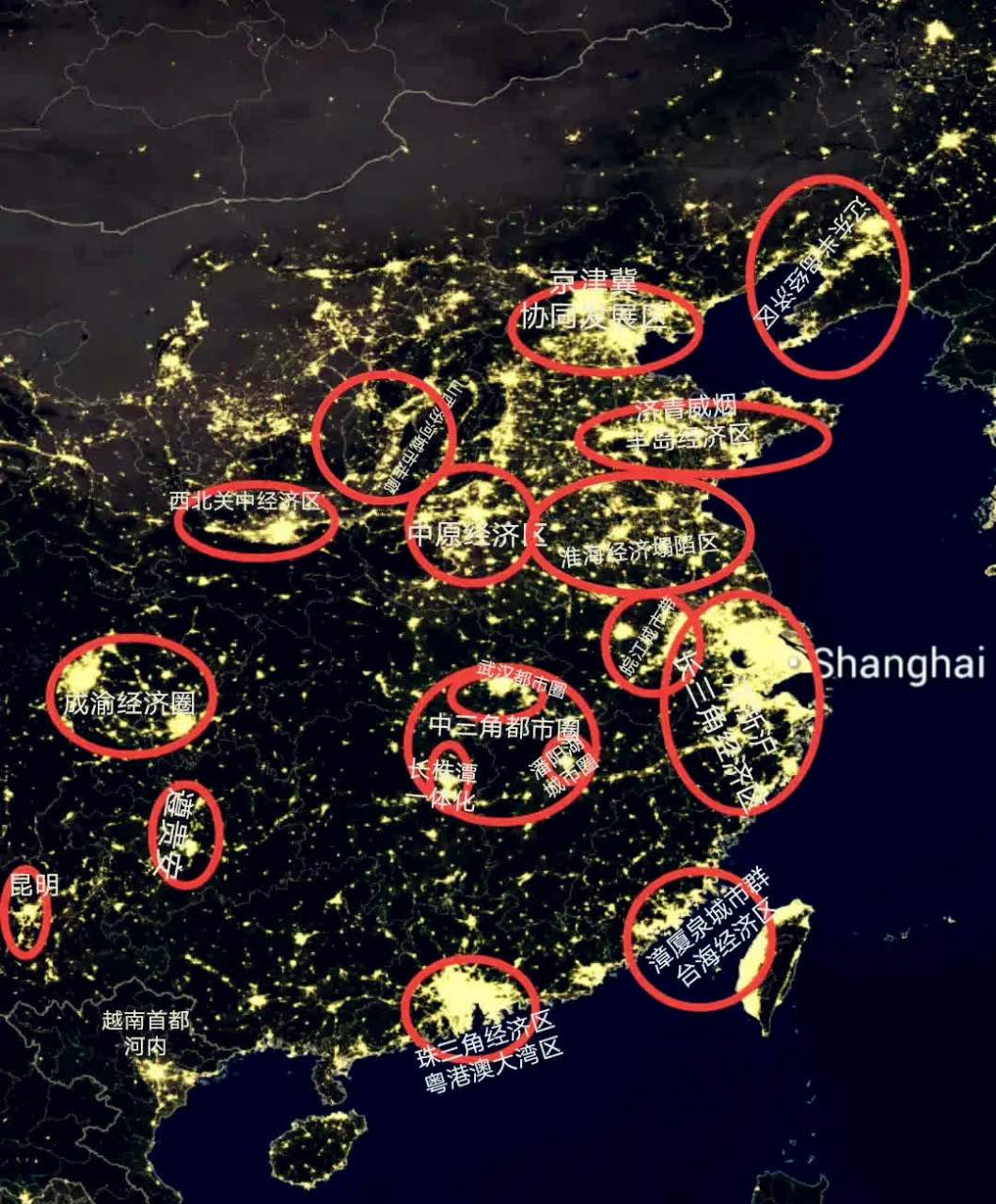 中国卫星地图夜晚城市灯光全景,哪里城市密集,经济发达一目了然.