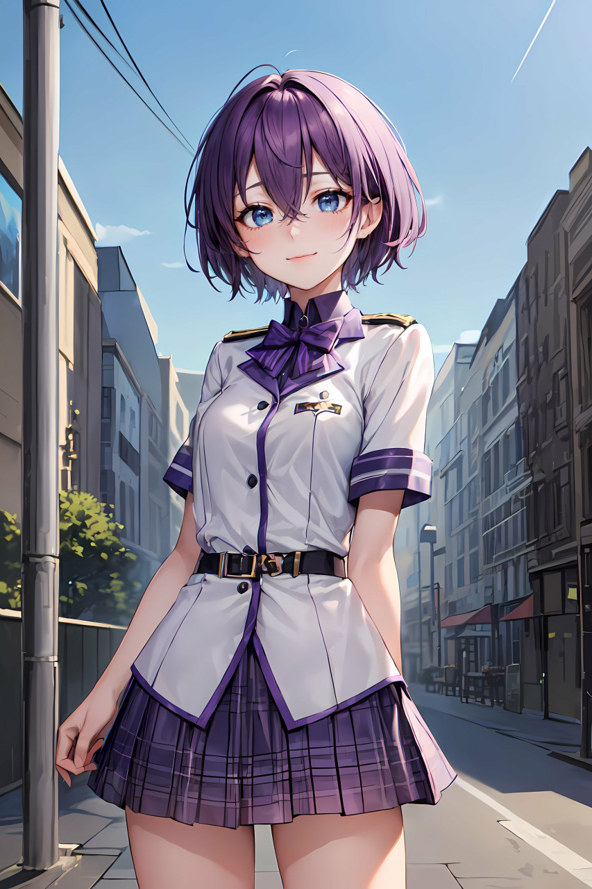 紫发少女优雅动, 制服裙子搭配好. 白色衬衫黑色裙, 高贵典雅气质显.