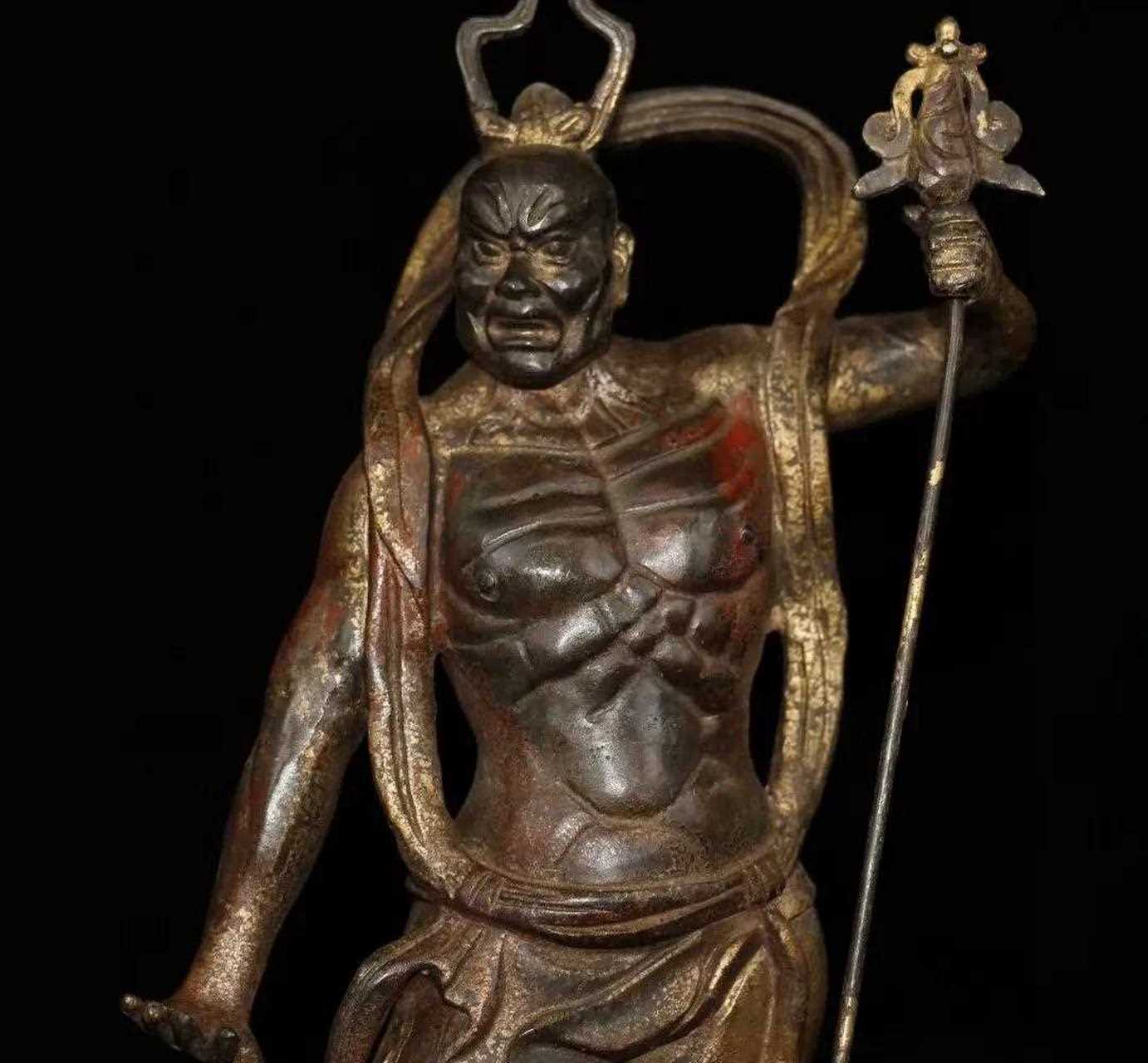 珍藏老铜胎泥金开光撒朱砂佛像  哼哈二将神像两尊  恭请供奉佛像摆件