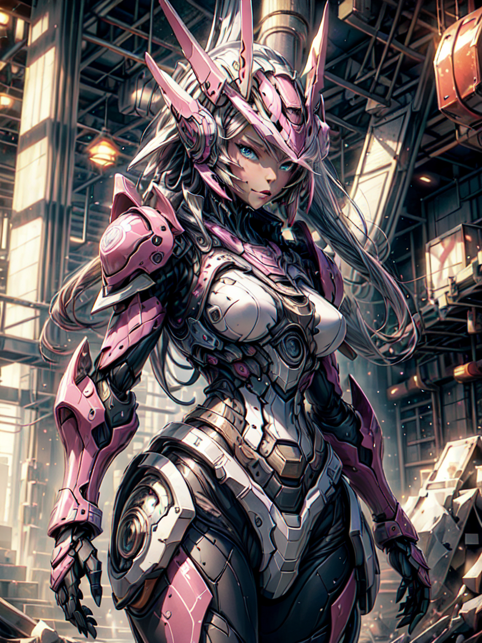 烈焰红发的少女傲然站立,身着机甲战衣,她就是暴风机甲美少女.