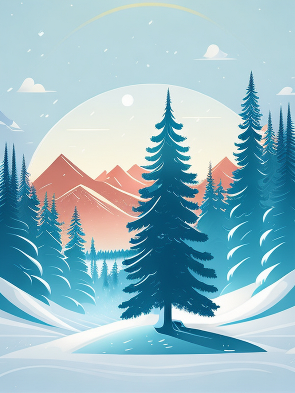 矢量艺术,冬季景观中的一棵云杉树