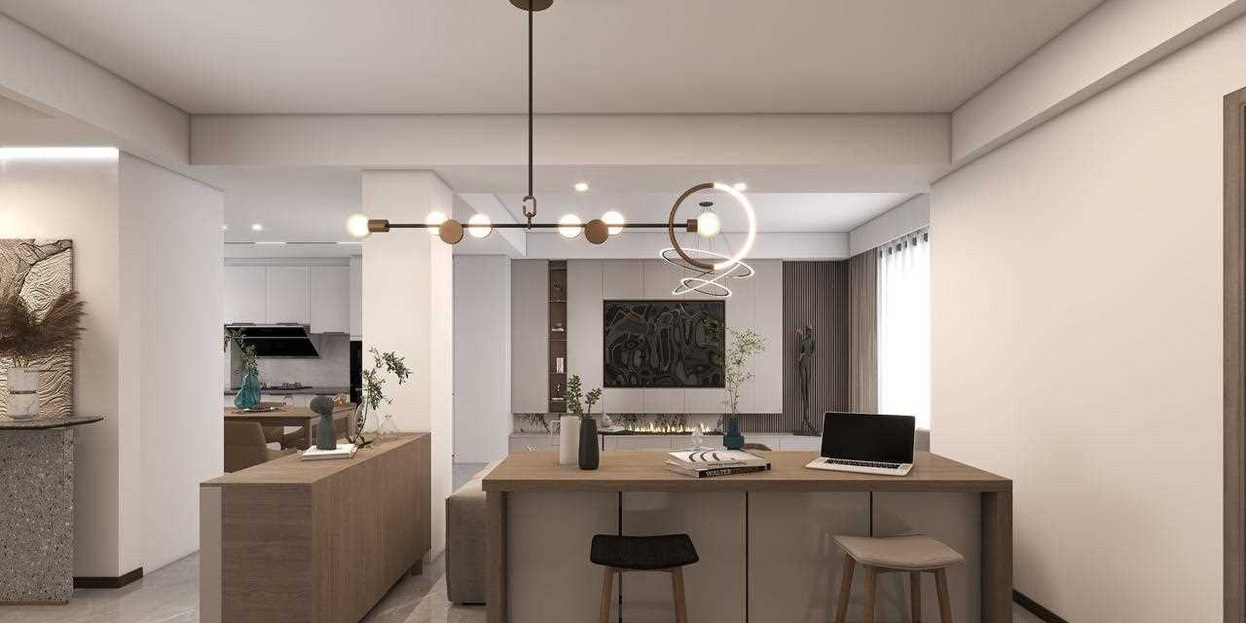 客餐厨一体化设计,以吊顶和地毯做隐性区隔,划分交谈和用餐两处区域.