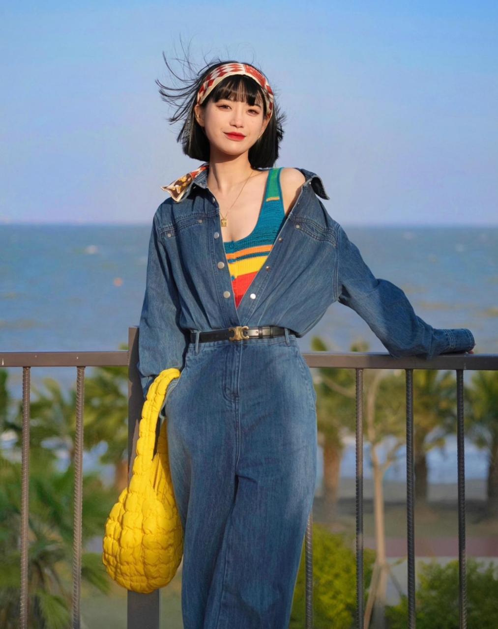 短发美女高级感穿搭,青蓝色复古牛仔连体装