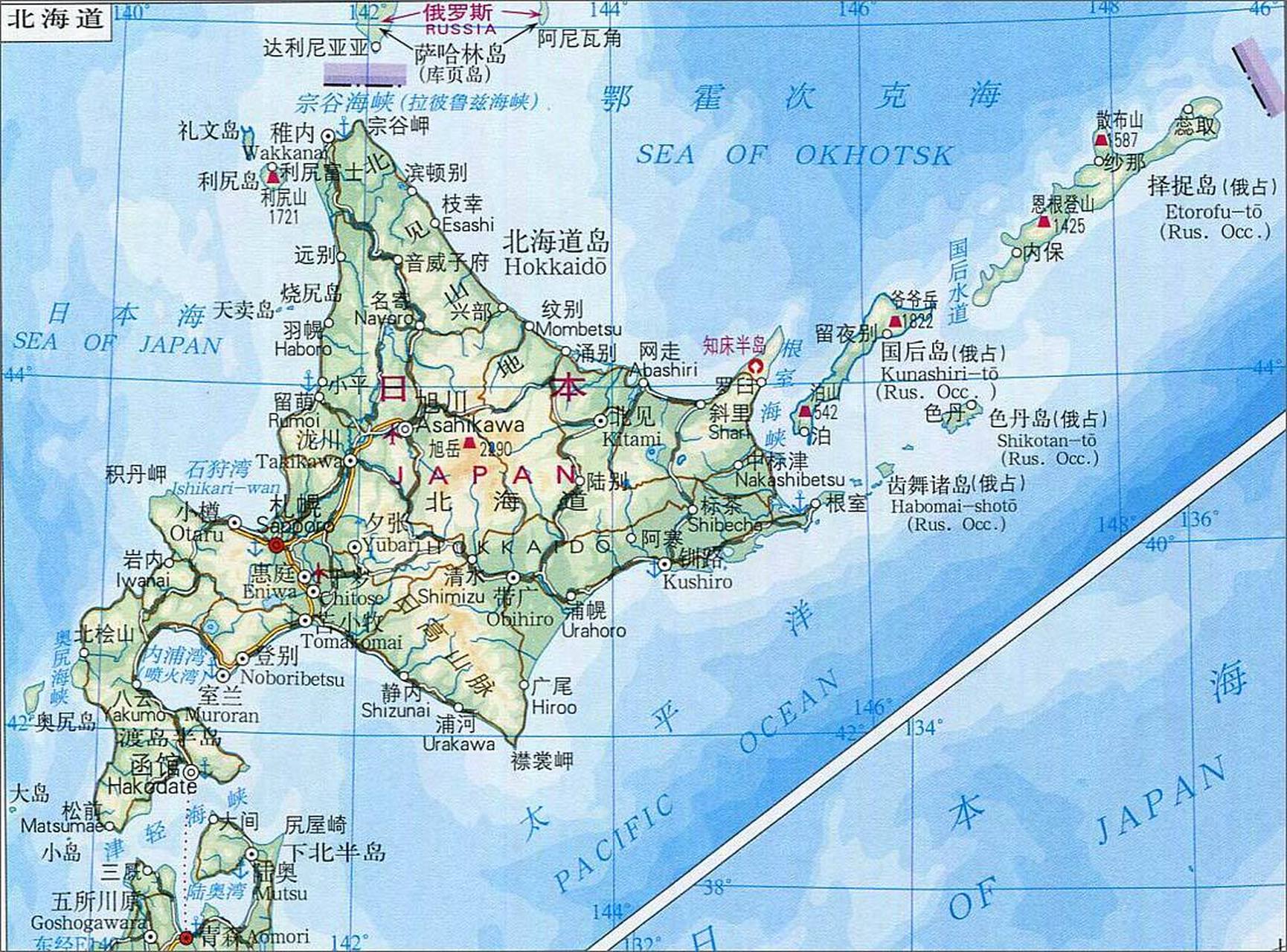 日本北海道岛地图.