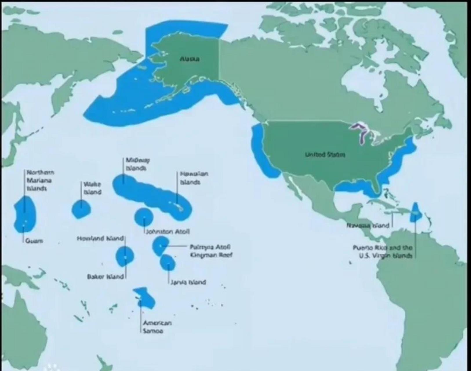 看看美国的领海范围: 四大洋唯独印度洋没有,尤其太平洋范围太大了!