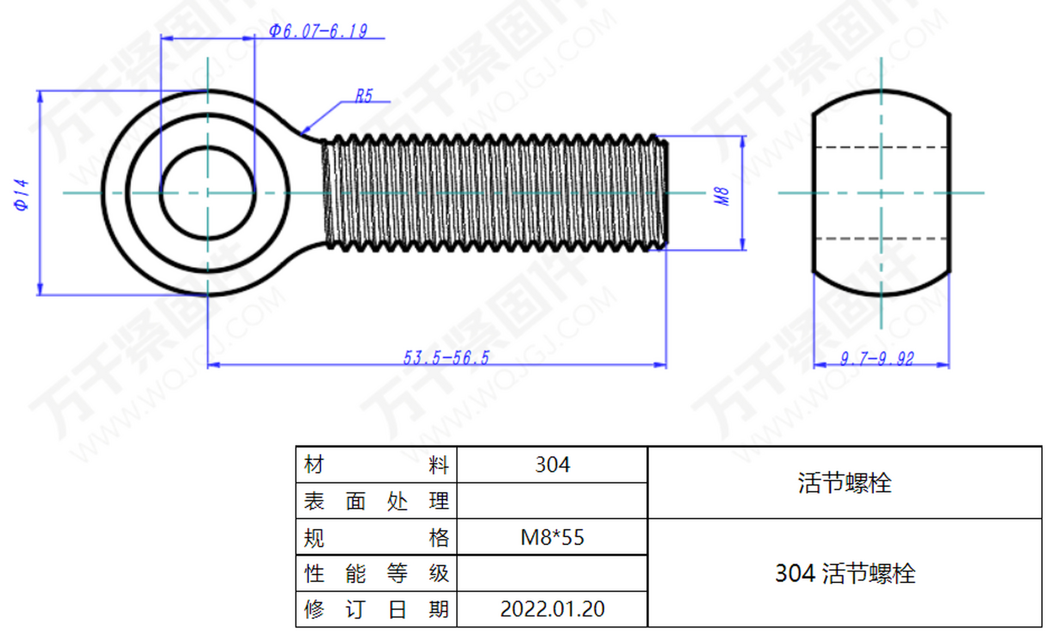 今日紧固件设计图分享:一款活节螺栓(孔眼螺栓,鱼眼螺栓),m8*55,圆孔