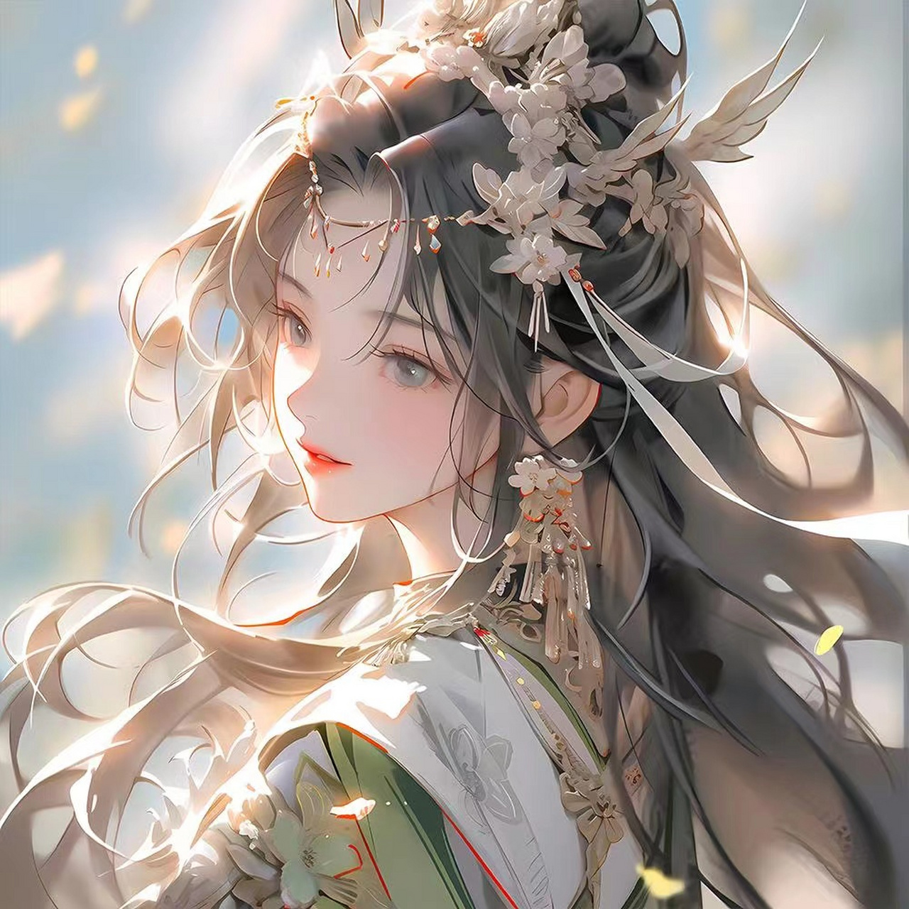 绿色系古风少女插画:春以离去,夏日归来,美人如画,袅袅春幡