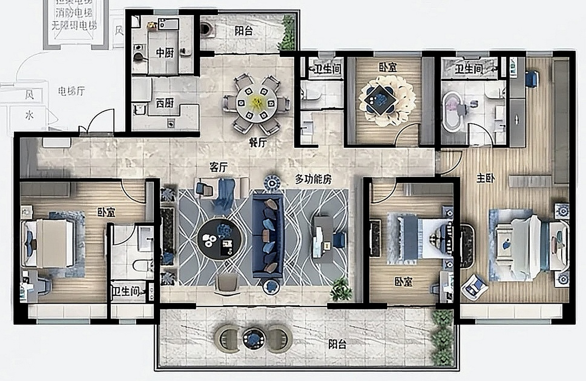 朝向坐北朝南 横厅设计 南面有三间卧室 独立玄关 中西厨房 南北有