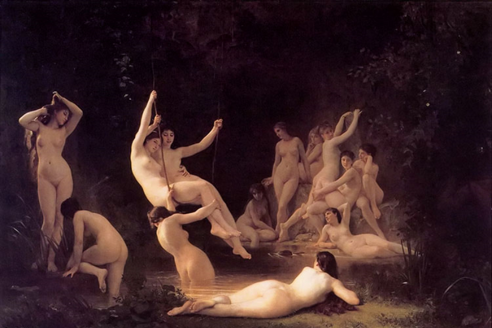 油画《仙女们》,又名《宁芙》(the nymphaeum),宁芙是希腊神话中的小