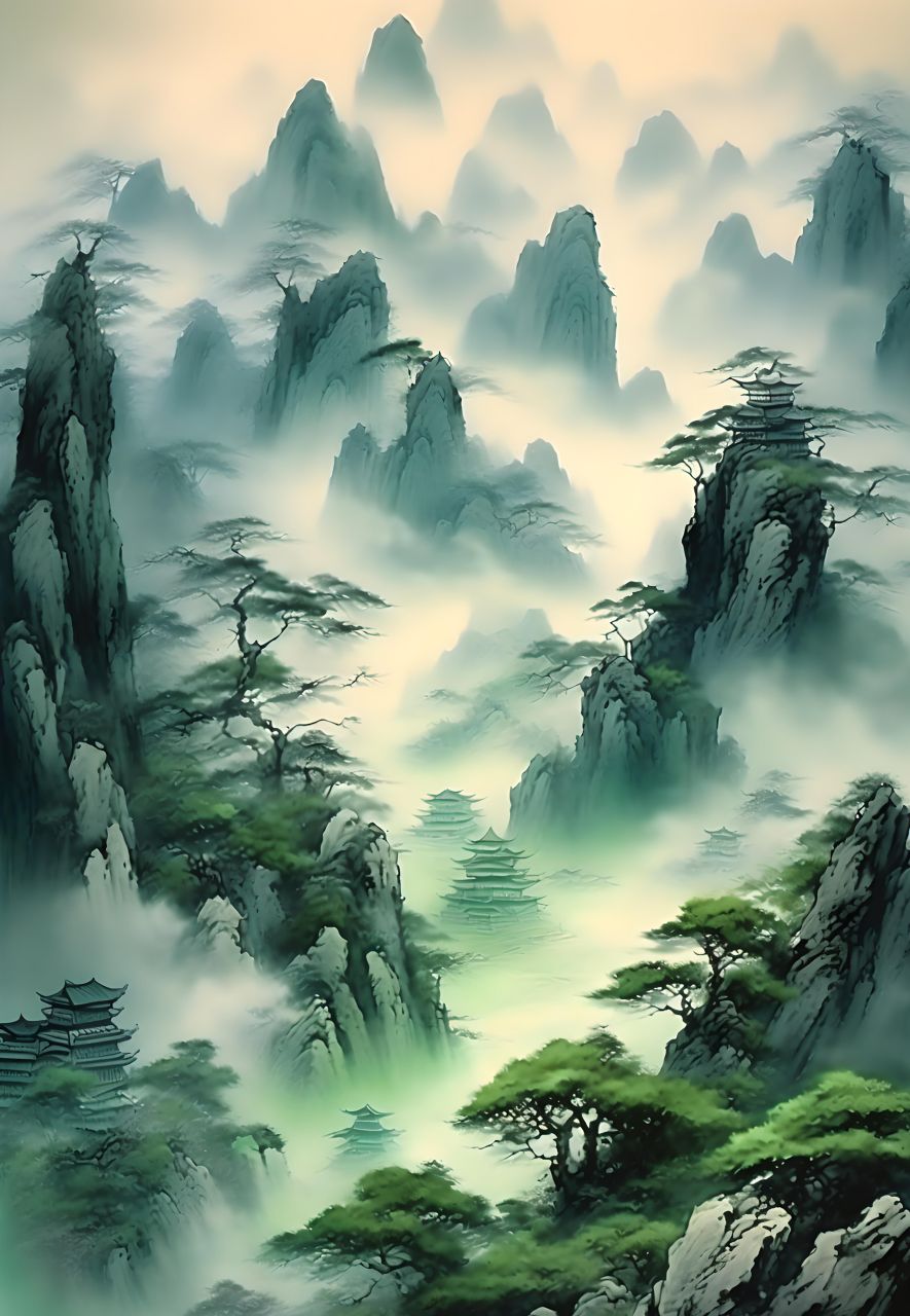 花瓣飘落似雪舞,山峦叠翠云烟绕.