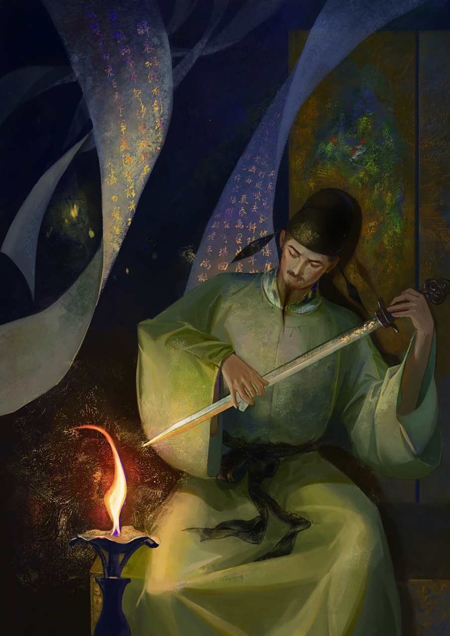 这幅图是画师"摇光烟"创作的辛弃疾场景图,服饰和屏障绣画都是力争