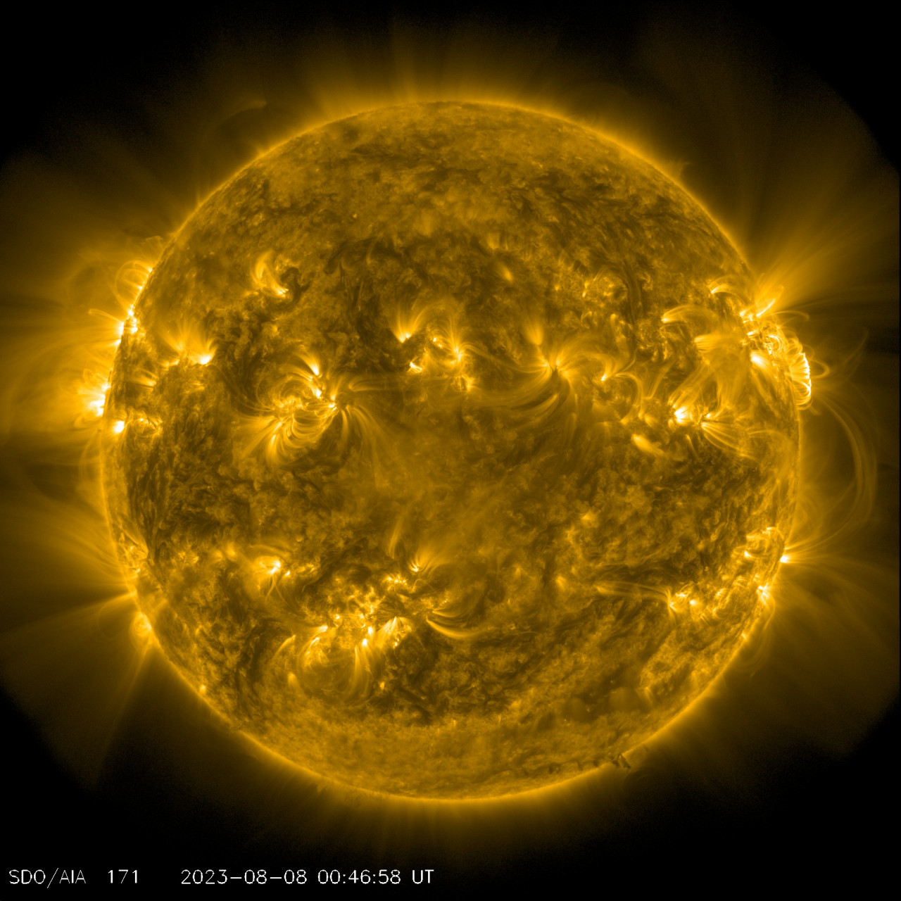 这是北京时间8月8日早间8时45分的太阳实时图像,由美国宇航局太阳动力