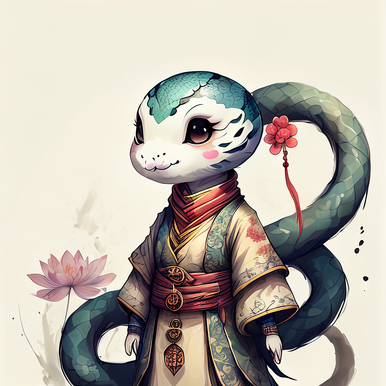 百度ai绘图黑科技#可爱的卡通形象设计,拟人化的小蛇,穿着中国传统