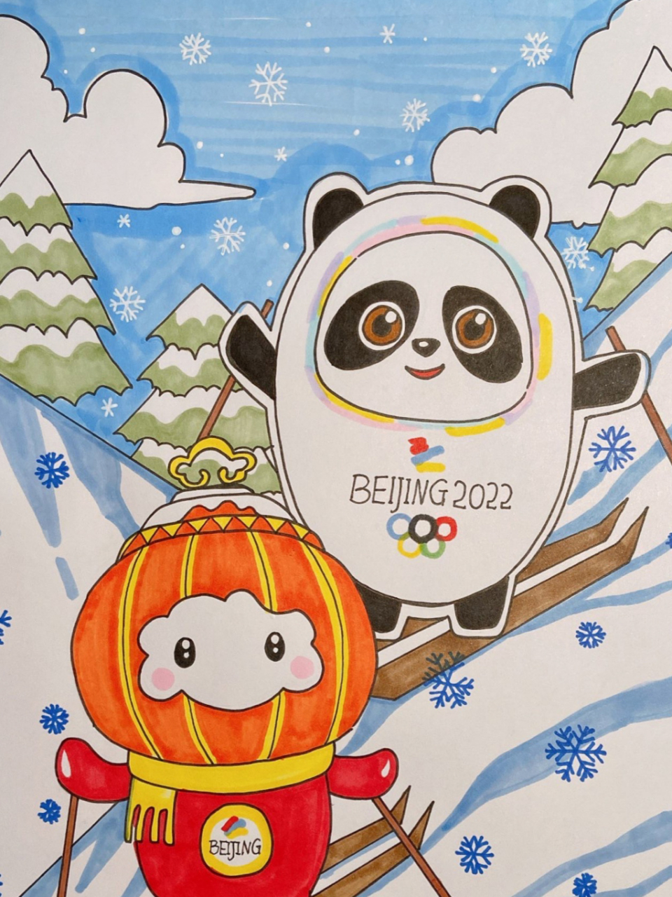 冬奥会吉祥物马克笔手绘 墩墩,意喻健康,活泼,可爱,契合熊猫的整体