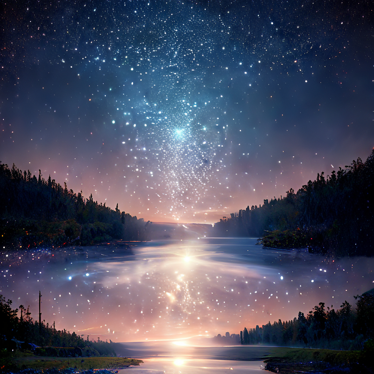 绘图黑科技#在夜空中,星星照耀着光滑的湖面,瀑布的光,星星,星星闪烁