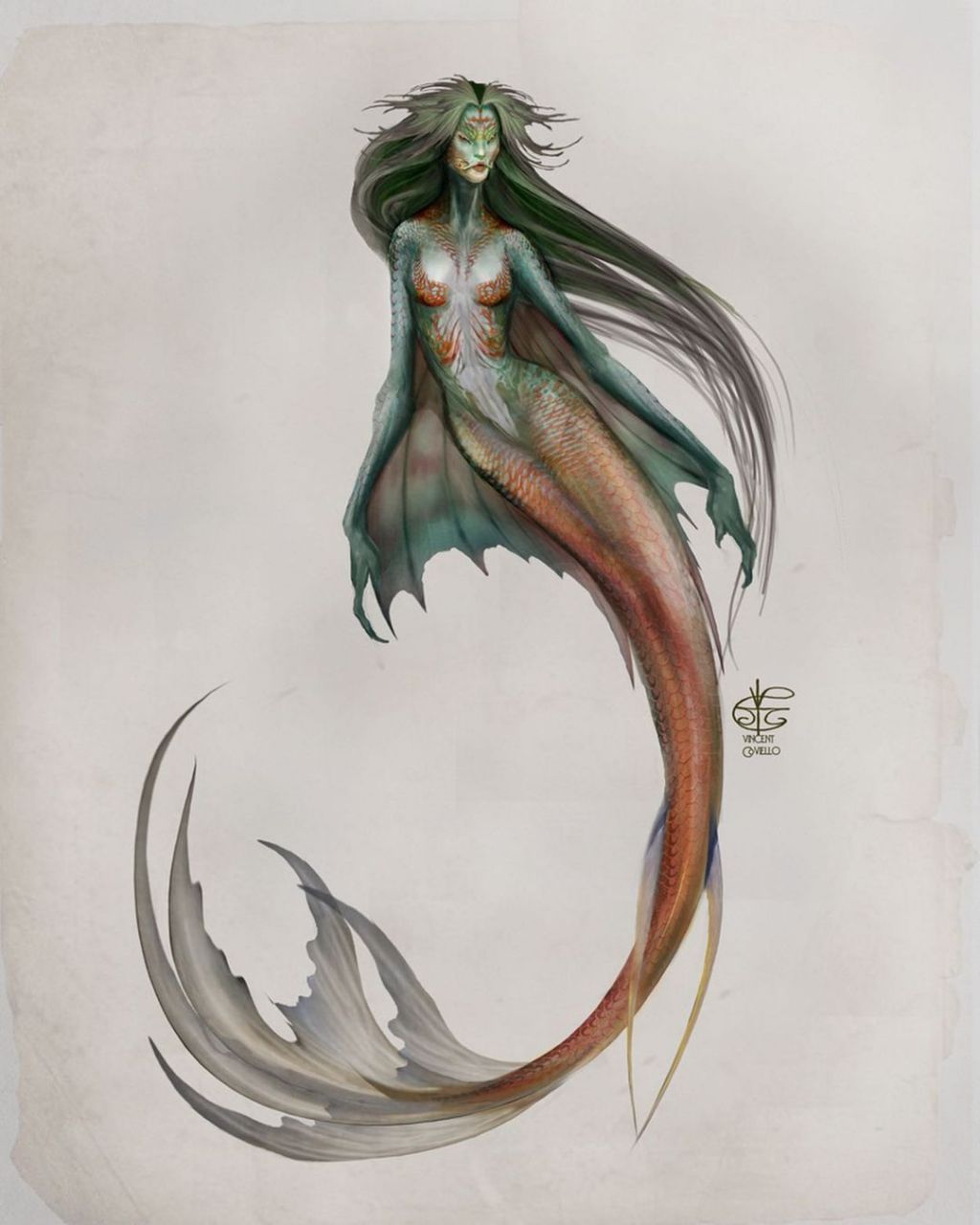 coviello 擅长各种生物的形象设定 这组暗黑系美人鱼的设计 其中图1的