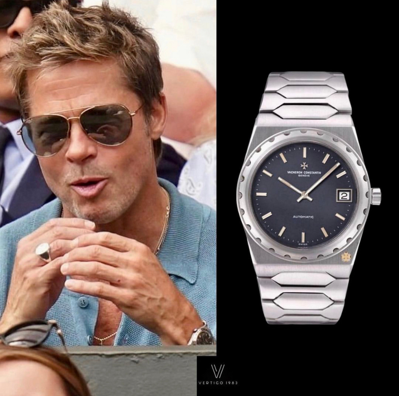 布拉德·皮特前几天在温网比赛现场戴的江诗丹顿222系列手表,售价10万