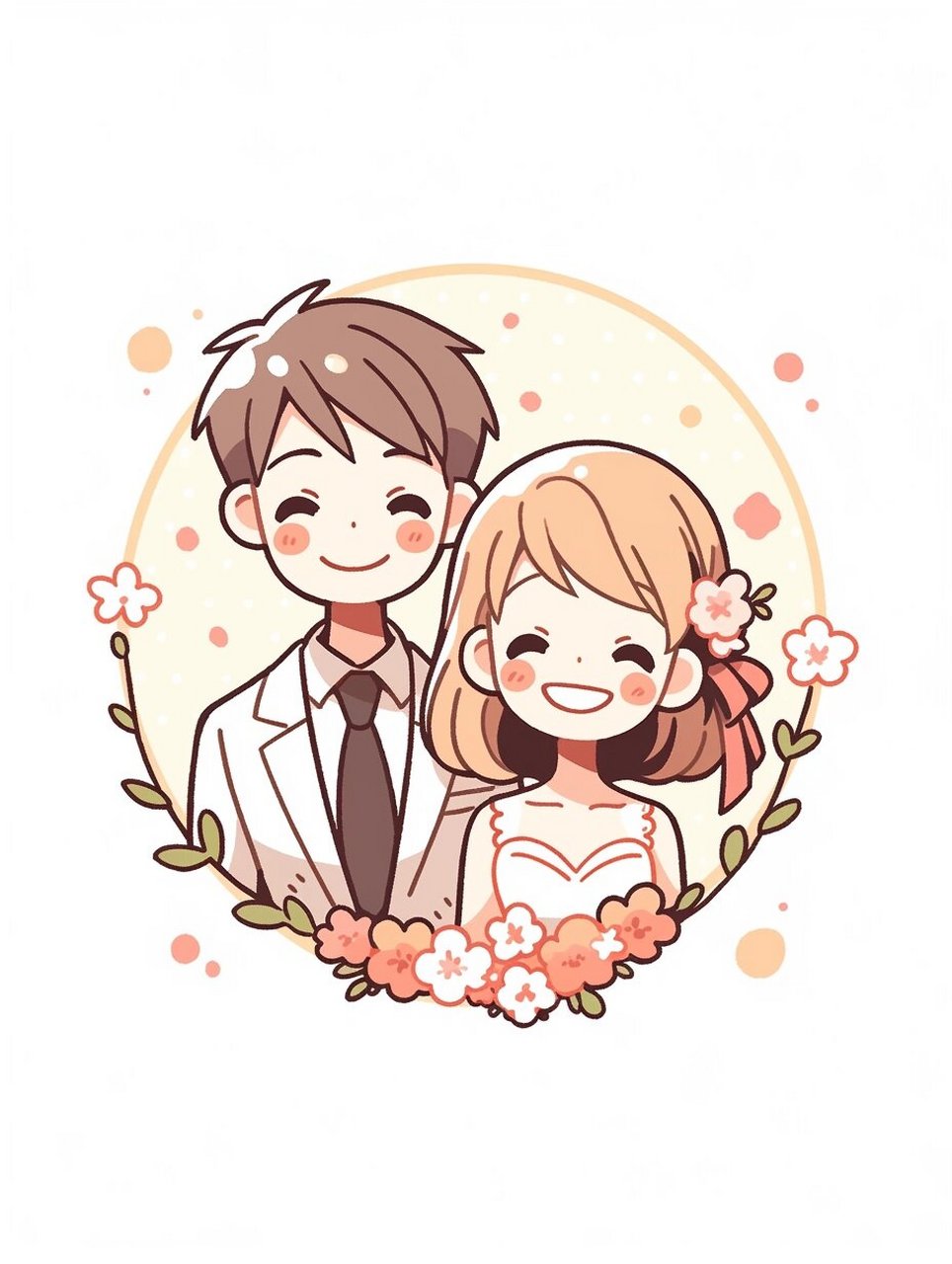 ai咒语分享|婚礼请柬  这款婚礼插画生动描绘了新郎和新娘幸福微笑的